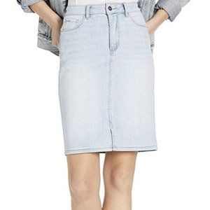 Bebe Embellished Logo High Rise Denim Knee Skirt Stretch Light Blue Sz 29